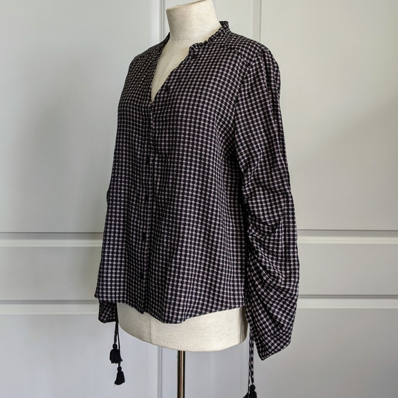 PAIGE Plaid Button Front Split Neck Ruffle Long Sleeve Tassel Black Mauve M NWT - Picture 11 of 14